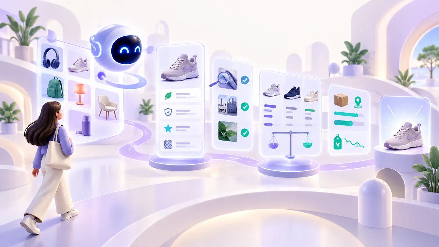 An AI shopping agent discovering, verifying, comparing, and selecting ecommerce products