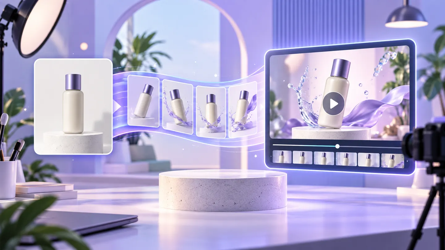A product image transforming through motion frames into a polished ecommerce video preview