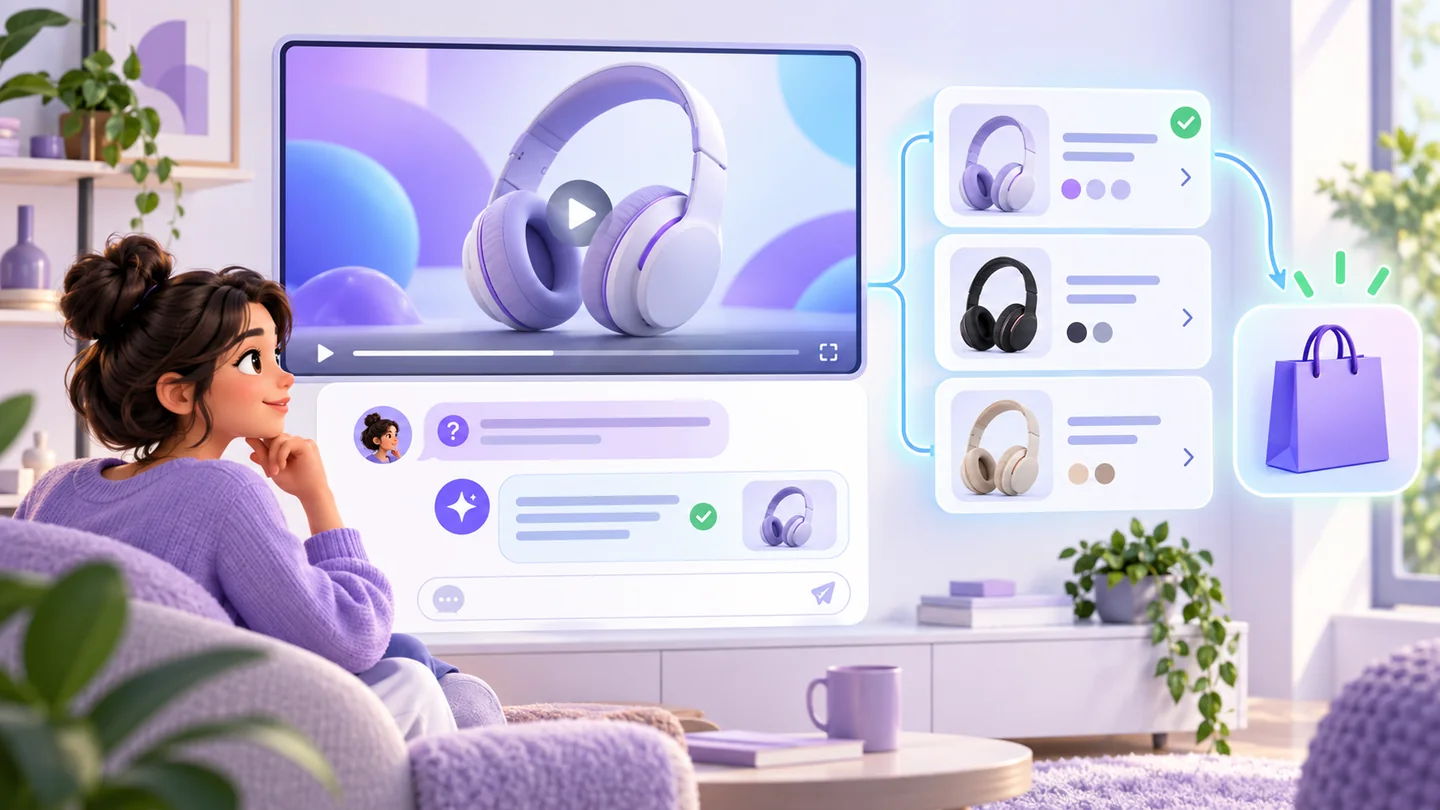 A shopper asking product questions below a video ad while verified product cards connect the conversation to a purchase path