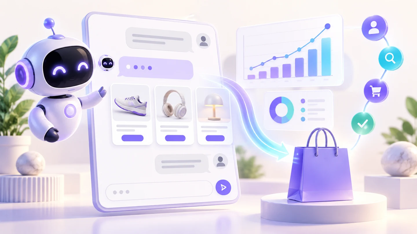 A generic conversational shopping assistant connecting product cards to measurement and purchase signals