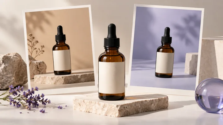 Input concept image with three unbranded amber bottles in a studio composition
