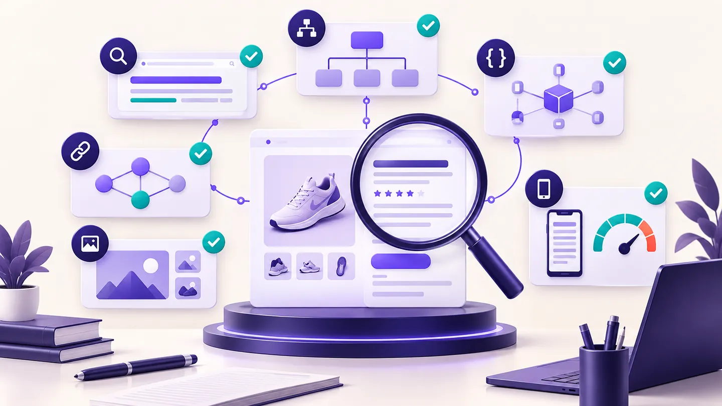 Ecommerce product page inspected for crawlability, content, links, images, structured data, and mobile performance