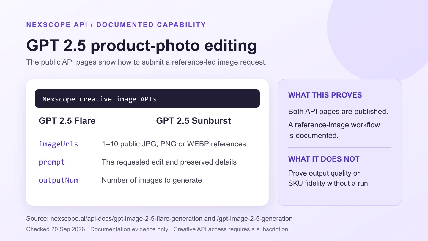 Source-backed summary of Nexscope GPT 2.5 Flare and Sunburst reference-image API inputs, clearly labeled as documentation rather than a generated result