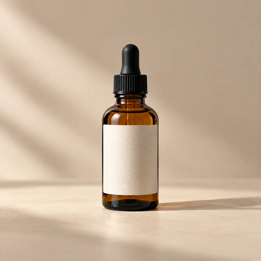 Actual GPT 2.5 Flare output showing one amber dropper bottle on a neutral studio surface