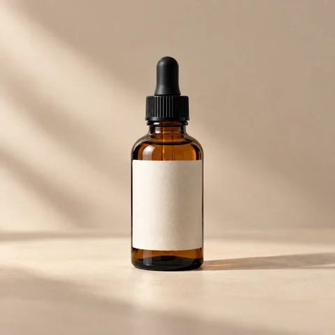 Unbranded amber dropper-bottle concept image used as the input to a successful 1688 Base64 image search