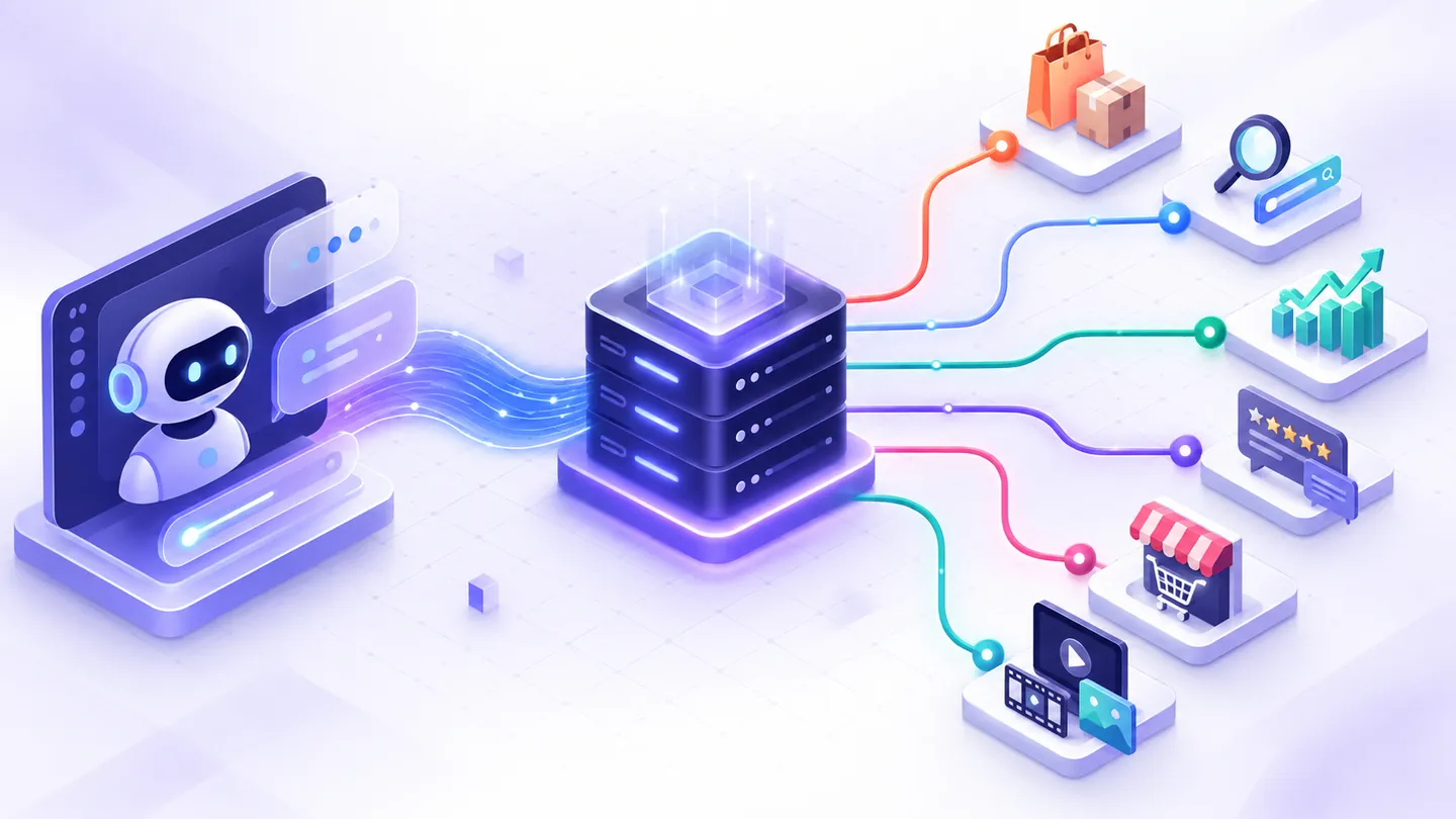 An AI host connected through an MCP server to product, keyword, price, review, marketplace, and video tools