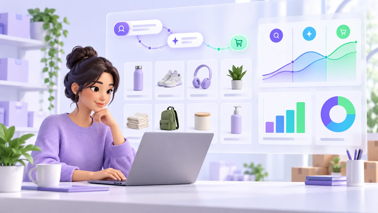 An ecommerce merchant reviewing product visibility, shopping-stage, and share-of-voice charts for AI shopping journeys