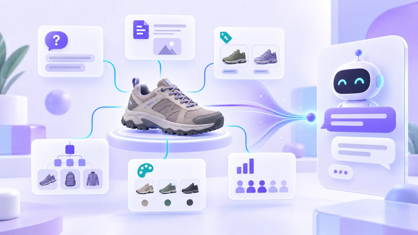 A product connected to question, document, related-product, variant, group, and popularity data modules that feed an AI shopping assistant