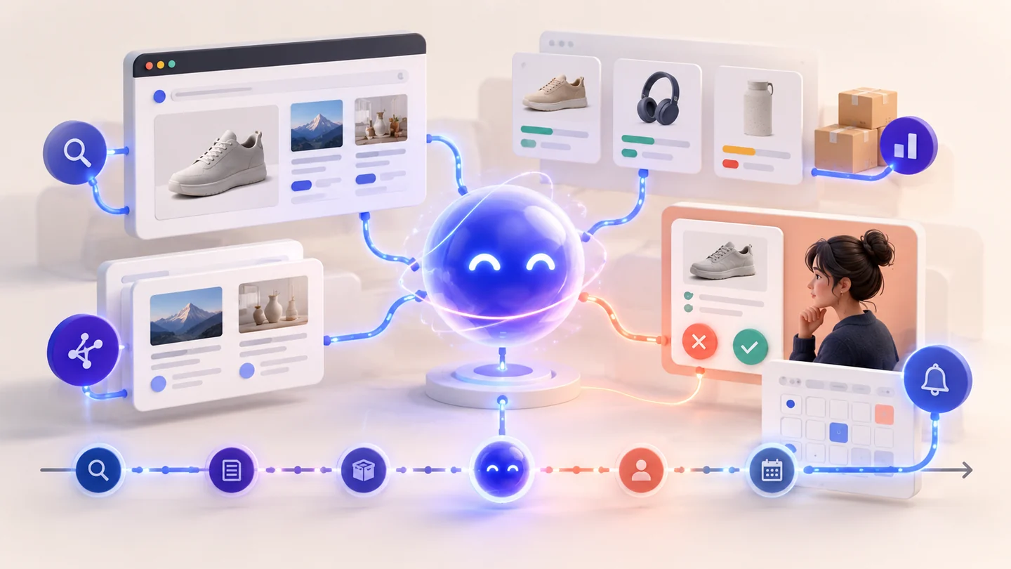 An abstract always-on AI agent coordinating ecommerce research, schedules, product information, and a human approval checkpoint