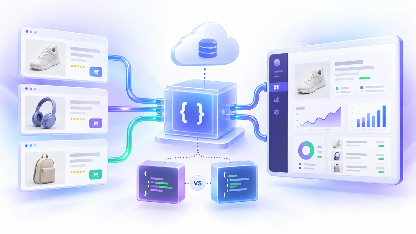 Generic ecommerce product data flowing through an API pipeline into an analytics dashboard