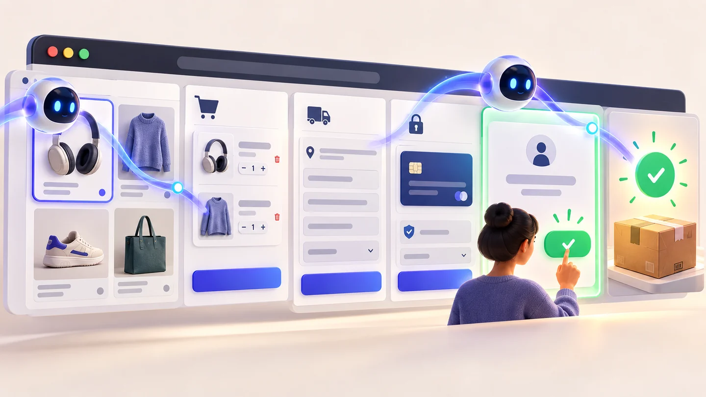 A browser-based AI shopping agent moving through products, cart, delivery, secure payment, buyer approval, and order confirmation