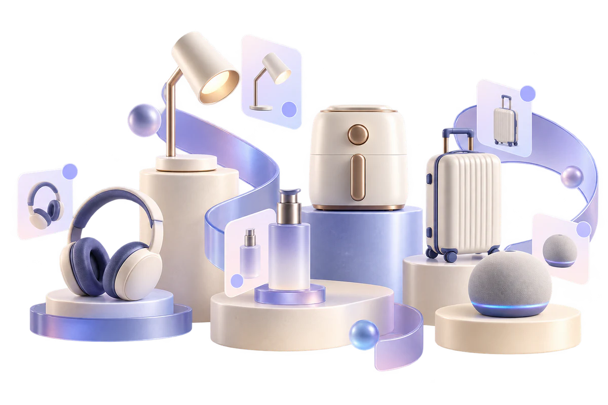A curated display of ecommerce products including home, travel, beauty and technology products