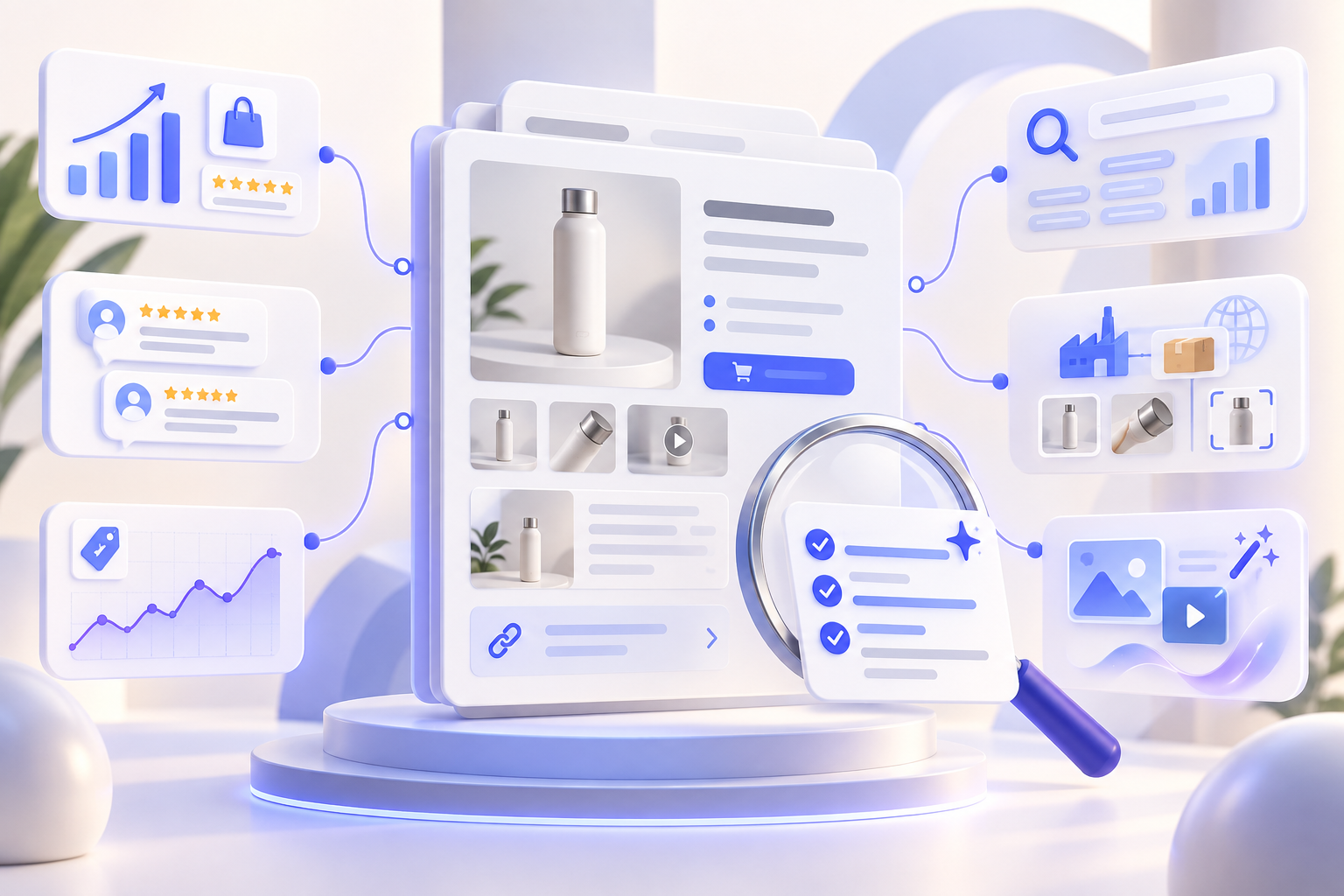 A public product page being reviewed with connected ecommerce research, keyword, sourcing and creative capabilities